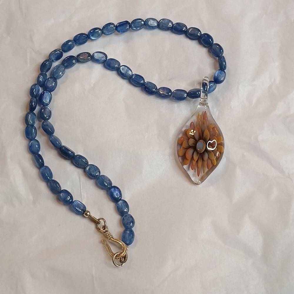 Blue glass bead necklace with glass blown flower blue and gold beautiful